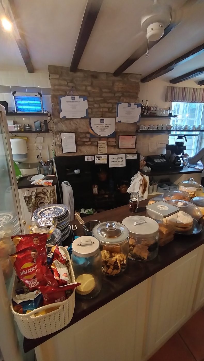 The counter with cakes under glass domes