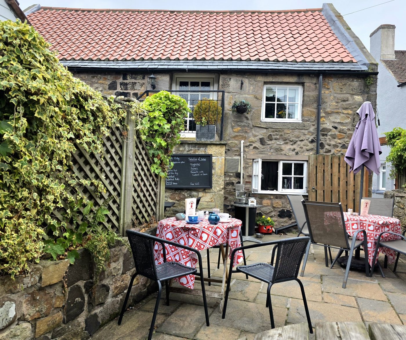 Tables with checked cloths on the patio